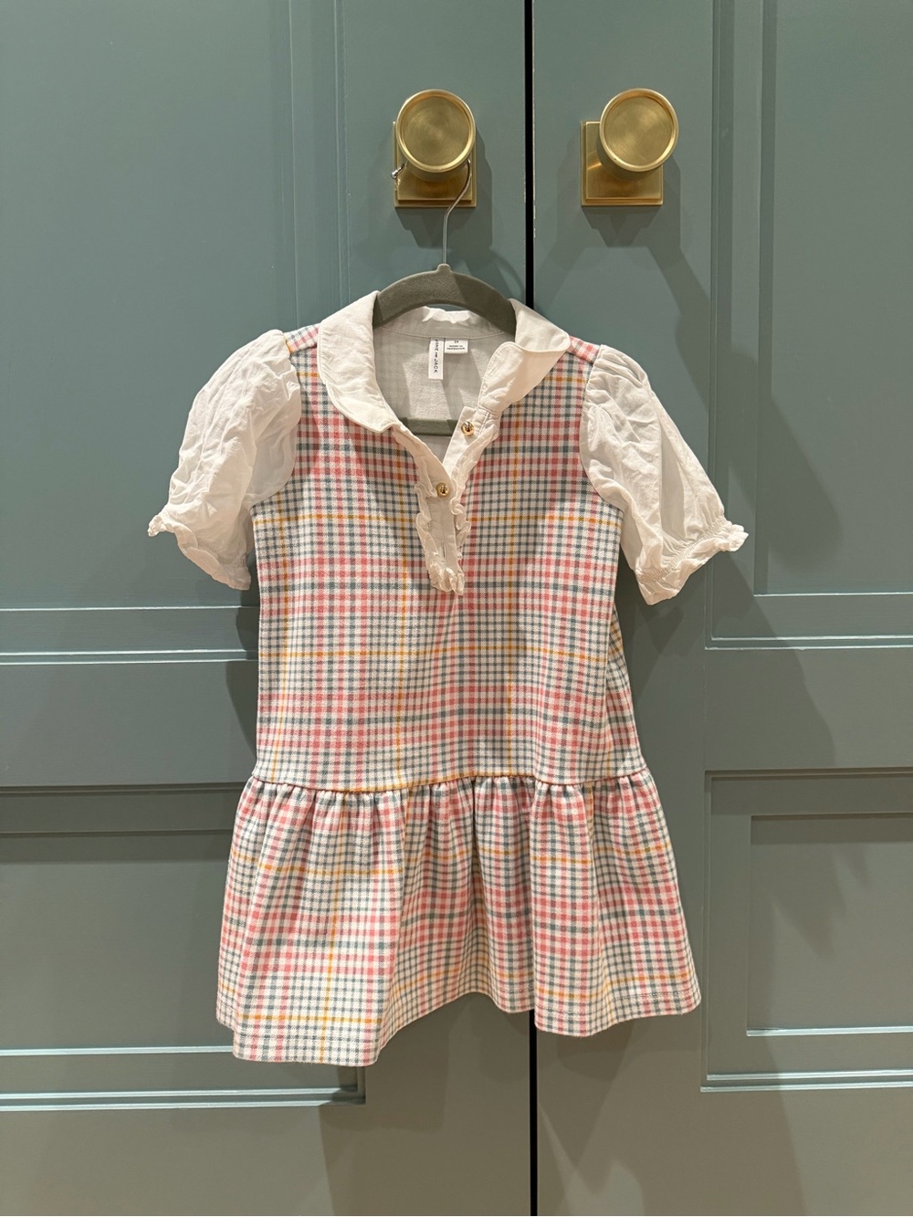 Janie and Jack Pastel Gingham Puff-Sleeve Dress with White Collar